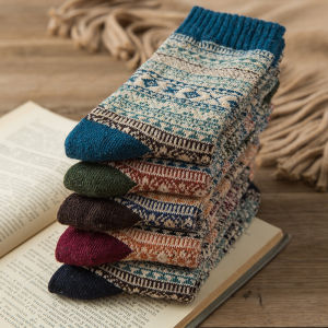 5/10 Pairs of Retro Ethnic Style Thick Socks Mens Autumn and Winter Medium Stockings Trendy All-Match Sheep Warm Knitted Velvet Wool