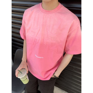 PLTH Summer New American Washed Sponge Letter Design round Neck Gradient Short Sleeve T-Shirt Mens Fashion Casual Loose Fit