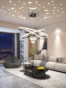 LED Chandelier Acrylic Tri-color Remote Control Pendant Lamp Modern Starry Sky Projector 3 Ball Annular Creative Hanging Light for Living Room Bedroom