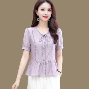MAIMEI | Áo Sơ Mi Cổ Eo Nữ Tím Phong Cách Nhẹ Anti-aging Tay Ngắn