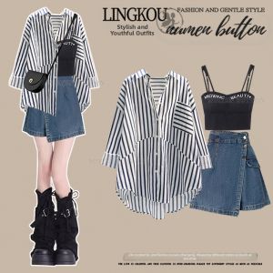 NUMEN BUTTON | Large Size Summer Fashionable Korean Style Stripe Shirt Tank Dress Set