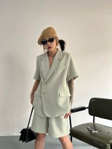 New 2025 Chic Loose Short Sleeve Casual Suit Jacket Women Summer Thin Style Short Pants Set Fashionable Polyester Blend