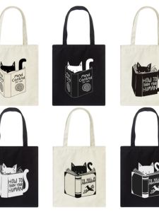 Eco-Friendly Canvas Shoulder Bag Cat Reading Artistic Black White Cartoon Print Casual Commuter Bag Foldable Water Washable
