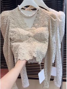 Autumn Winter 2025 Womens French Style V-Neck Fleece Lined Lace Shirt Inner Wear Base Layer Shirt Tulle Top High End Feel