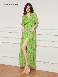 Resort Style Green Floral Long Slit Dress