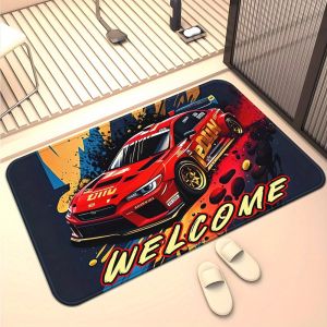 VIKAMA Racing Graffiti Welcome Doormat – Soft Warm and Non-Slip Entryway Mat for Hallways Bathrooms and Toilets – Home Decor