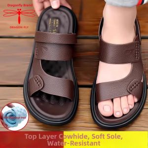 DRAGON-FLY | Mens Summer New Wearable Outside Driving True Leather Plus Size Beach Sandals