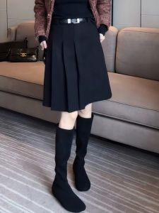 Black High Waist A-Line Skirt plus Size Womens Autumn Winter Pear Shape Slimming Midi Skirt Casual Straight Cut Polyester Fiber