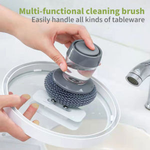 Press-type PET Sponge Brush with Soap Dispenser Palm Dishwashing Scrubber Cleaning Brushes for Kitchen Pot Pan Sink Cooktop Stovetop Scrubbing Tools