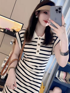 Slim Fit Summer New Style Womens Dress Waist Cinched Pleated Long Stripe Purple Skirt Casual Fashion Business Commute Dress