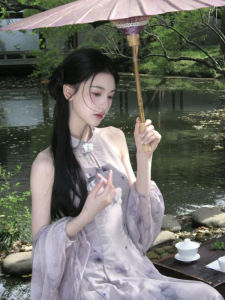 New Chinese Style Purple Improved Version Qipao Womens Set Zen Cool Sensation Clothing Beautiful Open Cardigan Hanging Neck Dress Women