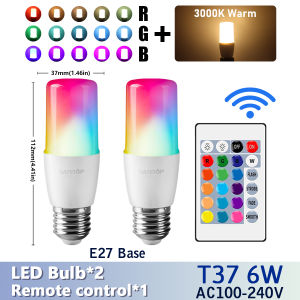 2PCS E14/E27/B22 T37 RGB Bulb LED Multicolor Light Dimmable 16 Colors Remote Control Smart Lighting - Brighten Your Every Moment
