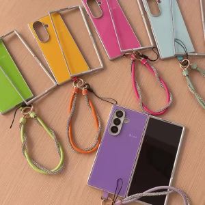Silver Frame Simple Solid Color Mobile Phone Case with Hand Rope for Samsung Z Fold 8 7 6 5 4 - Protective Cover