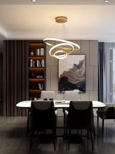 LED Ceiling Light Ring Iron Art Acrylic Tri-Color Pendant Light Dimmable Projection Chandelier for Living Dining Room Bedroom Lobby Decorative Lighting