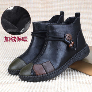 Soft Leather Fleece Lined Mom Shoes Short Boots Womens Beijing Style Flat Heel Fashion Boots Winter Season round Toe Zipper Closure
