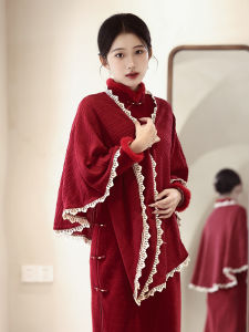 Wedding Guest Cheongsam Shawl Outerwear Red Wine Color Spring Autumn High-End Lace Bridal Drinking Ceremony Shawl