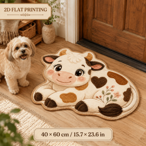 VIKAMA Cartoon Cow Animal Shaped Rug Lovely Floral Pattern Anti‑Slip Washable Floor Mat Bedroom Home Decoration