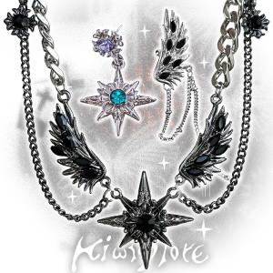 Y2K Black Winged Starburst Necklace Earring Set Alternative Culture Cool Trendy Gothic Punk Dark Unique Mens Fashion Jewelry