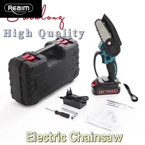 REAIM 6 Inch Cordless Electric Chainsaw Portable Mini Saw Complete Kit with Plastic Storage Case and Charger for Garden Trimming