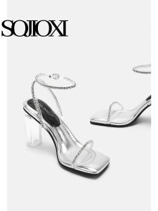 รองเท้าแตะส้นสูง SOJIOXI สีเงิน สายรัดคริสตัล รองเท้าแตะส้นหนา รองเท้าแตะส้นสูงสำหรับผู้หญิง รองเท้าแตะส้นสูงแบบใหม่ รองเท้าแตะส้นสูงแบบโปร่งใส