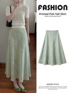 YIFANSHI | Green French Print New Loose Fitting A-Line Skirt