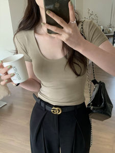 American Style Short Sleeve U-Neck T-Shirt Women Summer Thin Fashionable Slim Fit Waist Cinched Sweet And Spicy Short Top