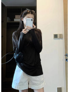 YUEZHONGWEI | Black Round Neck Ice Silk Long Sleeve T-Shirt Women Summer Thin Loose Sun Protection Outerwear Air Conditioning Cover Up Top