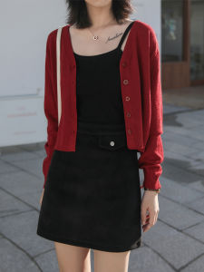 เสื้อคาร์ดิแกนถักสีแดงวินเทจสำหรับผู้หญิง คอวี เสื้อสเวตเตอร์สั้น ทรงเข้ารูป เสื้อคลุมกันหนาว ทรงเข้ารูป ทรงเข้ารูป สำหรับผู้หญิง ฤดูใบไม้ผลิและฤดูใบไม้ร่วง