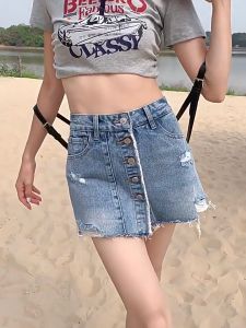 GHAOHES กางเกงกระโปรงยีนส์ ไซส์S-3XL กระดุมแถว มีหลุมทรงเอ ด้านหลังกางเกงยีนส์ขาสั้น เอวสูงสีฟ้า สวย