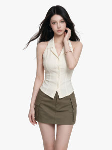 qiaocong | Áo Thun Không Tay V-Neck Đính Dây eo Thời Trang Giảm Cân