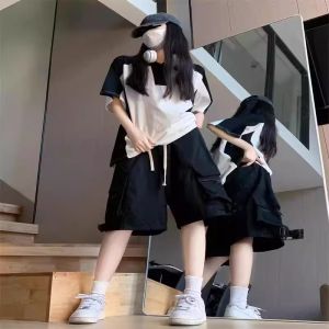 Red American Workwear Short Pants Womens High Waist Loose Straight Casual Quick Dry Sports Five-Point Summer Trousers