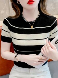 NUANKONG | Slimming Round Neck Striped Short Sleeve T-shirt Knit