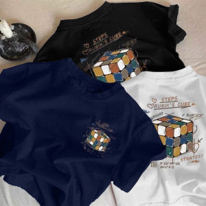 Color Rubiks Cube Letter Print Short-Sleeve T-shirt Boys and Girls Fashion Loose Sports American Pure Cotton Top Clothes Ins Fashion
