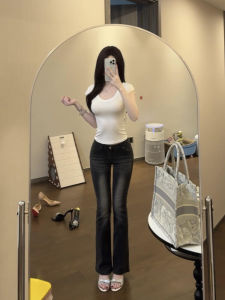 Low Waist Slim Fit Jeans Womens Black Grey Vintage Washed Faded Wide Leg Pants Casual Style High Waist Nine Pounds Cotton Stretch