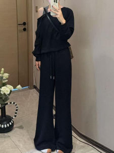 Shalldoer | Autumn 2025 Womens Casual Style Faux Two-Piece Sweatshirt Wide Leg Pants Set Breathable Medium Thickness High Waist T-Shirt