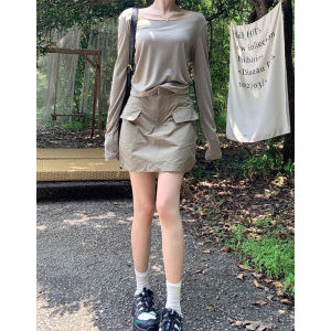 Váy Ngắn Chữ a Cạp Cao Có Dây Rút Phong Cách Mỹ Thể Thao Dành Cho Nữ Mùa Hè Mỏng Màu Kaki Váy Ngắn Thời Trang Dáng Chữ a