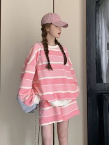 Pink Casual Loose Striped Long Sleeve Womens Set 2025 New Korean Style Two-Piece Suit Short Pants Comfortable Fashionable