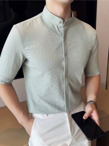 New Chinese Style Slim Fit Short Sleeve Ice Silk Bubble Shirt Men Summer Thin round Neck Half Sleeve Business Casual Shirt