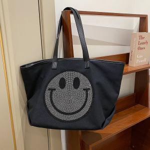 Large Capacity Canvas Tote Bag Womens Handbag Smile Face Single Shoulder Bag Mommy Bag Korean Style Shopping Bag