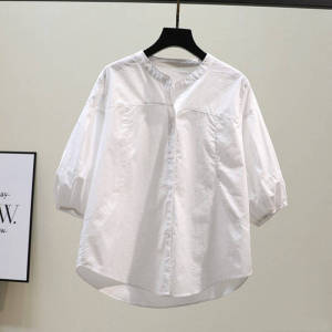 Brand Discount ผู้หญิง ฤดูร้อน เสื้อเชิ้ตตัวยาว แขนเสื้อทรงโคมไฟ ปกตั้ง สีขาว เสื้อท่อนบน สไตล์เกาหลี เดินทางรายละเอียดปุ่มตัดตรง