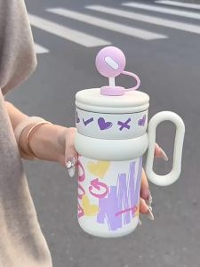 ถ้วยเก็บความร้อน แก้วน้ำดื่ม 540ml กระติกน้ำร้อนสแตนเลส316 มีด้ามจับและหลอดดูด แก้วเก็บเย็น แก้วเก็บความเย็น กระติกเก็บเย็นน่ารัก