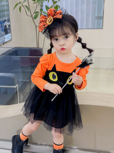 Halloween Princess Dress Childrens Performance Costume Girls Clothes Pumpkin Skirt Cotton Elastic Fiber Polyester Blend