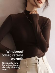 MiiOW | Slim Fit Mid Neck Long Sleeve Base Shirt Womens Autumn Winter Half High Collar Knitted Top Color Brown MiiOW Cat Person