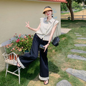 Salt Series Fashion Set Youthful Stripe Sleeveless Top High Waist Casual Pants Two Piece Set Anti-Aging Leisure Ensemble