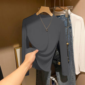 Womens Slim Fit Long Sleeve T-Shirt Stand Collar Flocking Velvet Thermal Base Shirt Spring Autumn Korean Style Printed Top