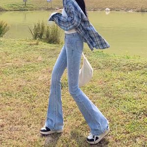 High Waist Bell Bottom Jeans Womens Blue Cotton Stretch Denim Pants Long Trousers Wear Resistant Zipper Closure Autumn Wear