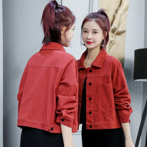 GUZILIAN | Short Retro Hong Kong Style Womens Denim Jacket Spring Autumn Loose Fit Korean Version Casual Coat Pure Color Polo Collar Button