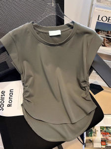 Stylish High-end French Design Asymmetric Short Sleeve Round Neck T-shirt