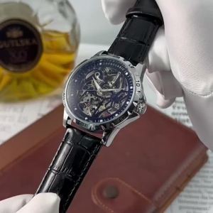 Mens Automatic Mechanical Watch Luminous Alloy Case Full Skeleton Dial 30M Water Resitance Genuine Leather Strap 43MM Large Dia