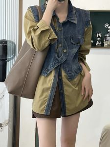 Loose Fit Denim Jacket Womens Long Sleeve Shirt Spring Autumn plus Size Patchwork Design Sense Shirt Coat Top Korean Style